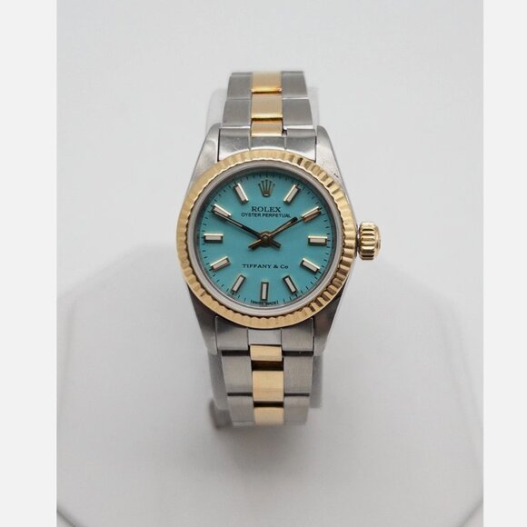 ROLEX Tiffany & Co Oyster Perpetual 18k Yellow Gold Lady Watch - Picture 1 of 6